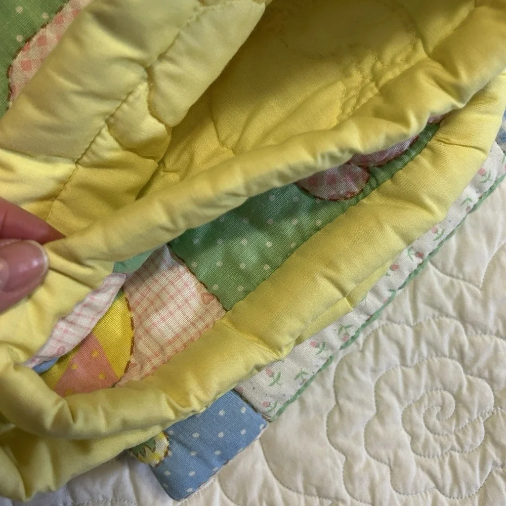 VTG Baby Blanket Pastel Animals Toys Flower Hand Stitched Quilted 80s Nursery